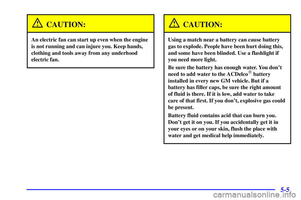 PONTIAC BONNEVILLE 2002  Owners Manual 5-5
CAUTION:
An electric fan can start up even when the engine
is not running and can injure you. Keep hands,
clothing and tools away from any underhood
electric fan.
CAUTION:
Using a match near a bat
