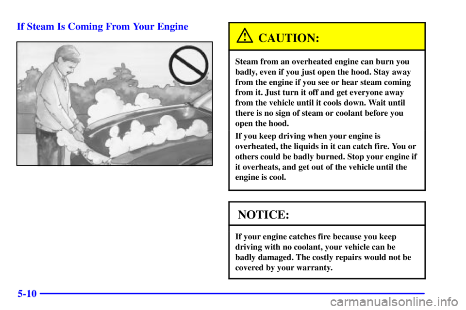 PONTIAC BONNEVILLE 2002  Owners Manual 5-10 If Steam Is Coming From Your Engine
CAUTION:
Steam from an overheated engine can burn you
badly, even if you just open the hood. Stay away
from the engine if you see or hear steam coming
from it.