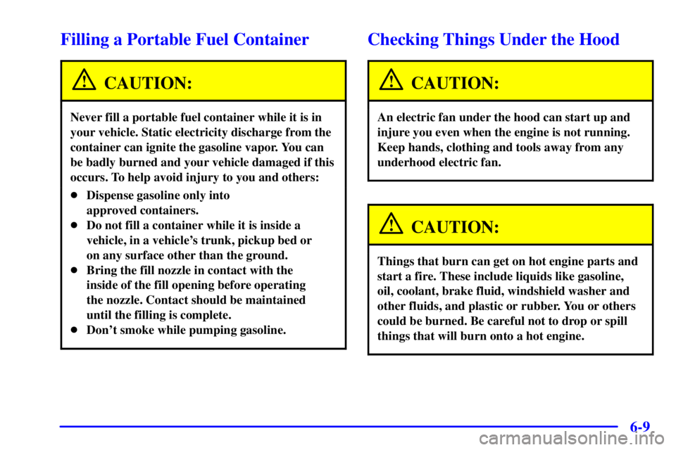 PONTIAC BONNEVILLE 2002  Owners Manual 6-9
Filling a Portable Fuel Container
CAUTION:
Never fill a portable fuel container while it is in
your vehicle. Static electricity discharge from the
container can ignite the gasoline vapor. You can
