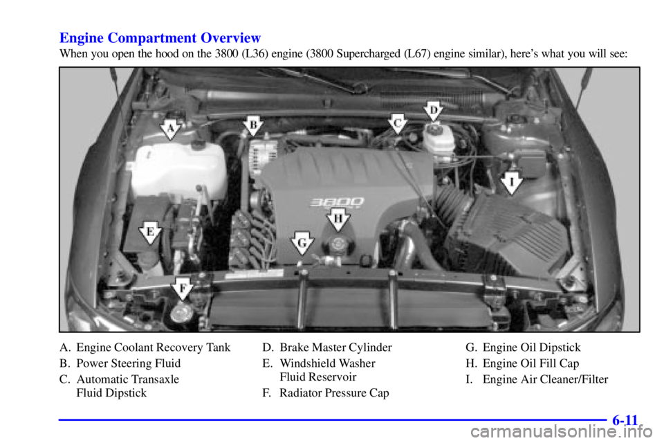 PONTIAC BONNEVILLE 2001 Owners Manual 6-11 Engine Compartment Overview
When you open the hood on the 3800 (L36) engine (3800 Supercharged (L67) engine similar), heres what you will see:
A. Engine Coolant Recovery Tank
B. Power Steering F PONTIAC BONNEVILLE 2001 Owners Manual 6-11 Engine Compartment Overview
When you open the hood on the 3800 (L36) engine (3800 Supercharged (L67) engine similar), heres what you will see:
A. Engine Coolant Recovery Tank
B. Power Steering F