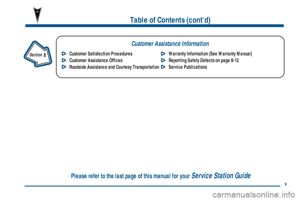 PONTIAC BONNEVILLE 2001  Owners Manual Table of Contents (contd)
Customer Assistance Information
In the Index you will find an alphabetical listing of almost every subject in this manual. 
 You can use it to quickly find something you wan