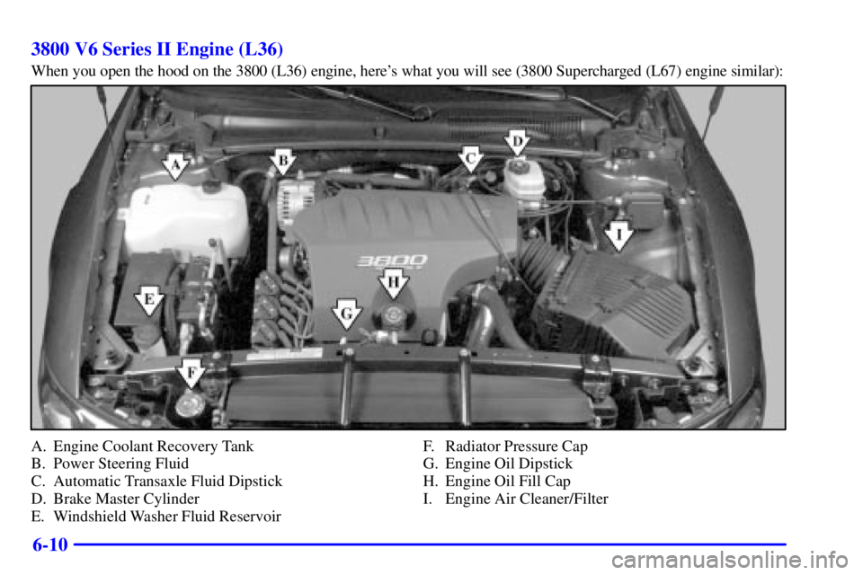 PONTIAC BONNEVILLE 2000  Owners Manual 6-10 3800 V6 Series II Engine (L36)
When you open the hood on the 3800 (L36) engine, heres what you will see (3800 Supercharged (L67) engine similar):
A. Engine Coolant Recovery Tank
B. Power Steerin