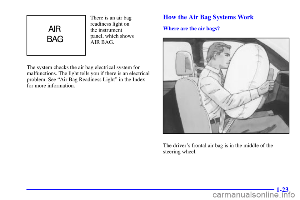 PONTIAC BONNEVILLE 2000  Owners Manual 1-23
There is an air bag
readiness light on 
the instrument 
panel, which shows
AIR BAG.
The system checks the air bag electrical system for
malfunctions. The light tells you if there is an electrical