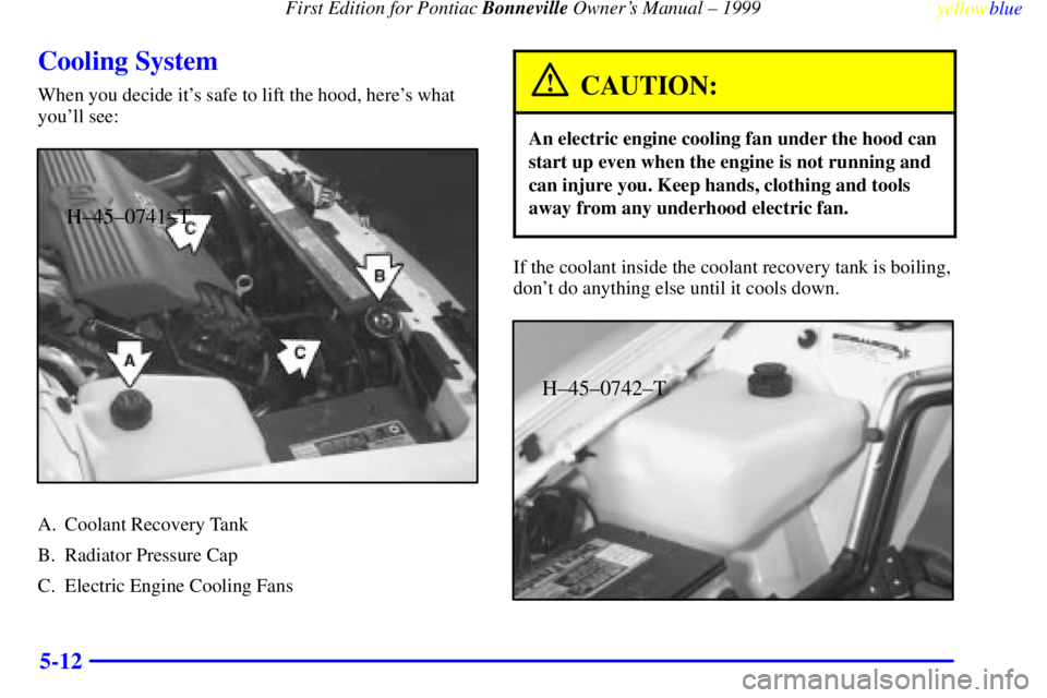 PONTIAC BONNEVILLE 1999  Owners Manual First Edition for Pontiac Bonneville Owners Manual ± 1999
yellowblue     
5-12
Cooling System
When you decide its safe to lift the hood, heres what
youll see:
H±45±0741±T
A. Coolant Recovery T