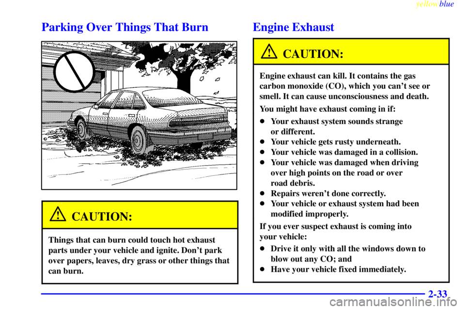 PONTIAC BONNEVILLE 1999  Owners Manual yellowblue     
2-33
Parking Over Things That Burn
CAUTION:
Things that can burn could touch hot exhaust
parts under your vehicle and ignite. Dont park
over papers, leaves, dry grass or other things 