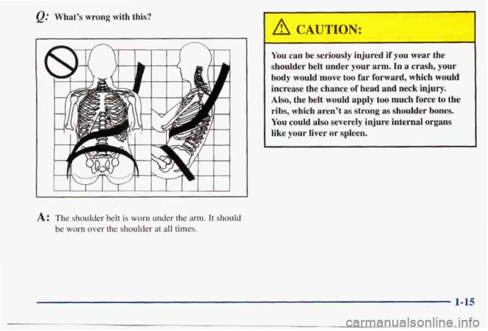PONTIAC BONNEVILLE 1998 Owners Manual What’s wrong with this?
A: The shoulder belt is worn under the ann. It should
be worn over the shoulder at all times. You
can be seriously injured if you wear the
shoulder belt u PONTIAC BONNEVILLE 1998 Owners Manual What’s wrong with this?
A: The shoulder belt is worn under the ann. It should
be worn over the shoulder at all times. You
can be seriously injured if you wear the
shoulder belt u