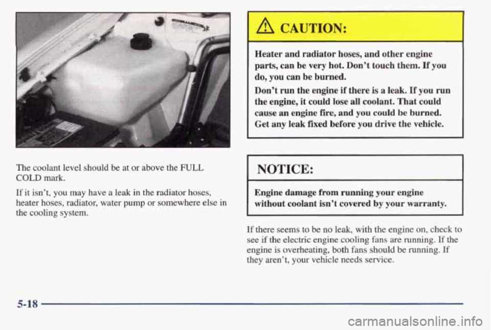 PONTIAC BONNEVILLE 1998  Owners Manual The  coolant  level  should  be at or  above  the FULL 
COLD mark. 
If it isn’t,  you  may  have a leak in the  radiator hoses, 
heater  hoses,  radiator,  water  pump 
or somewhere  else in 
the  c