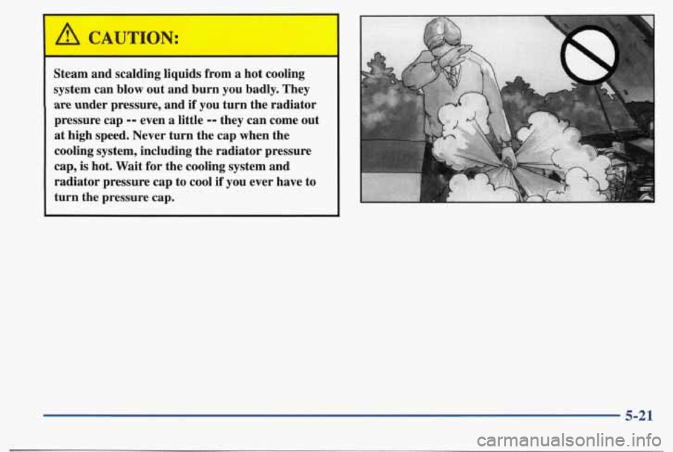 PONTIAC BONNEVILLE 1998  Owners Manual A CAUTION: I 
Steam  and  scalding  liquids  from  a  hot  cooling 
system  can  blow  out  and  burn you  badly.  They 
are under  pressure,  and  if  you turn the radiator 
pressure  cap 
-- even  a