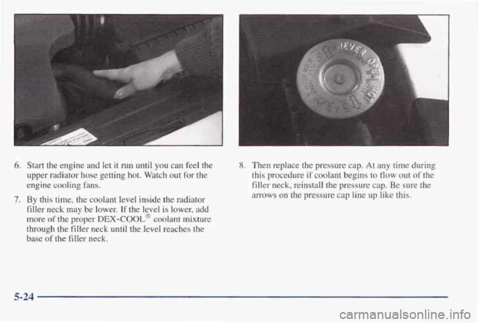 PONTIAC BONNEVILLE 1998  Owners Manual 6. Start  the  engine  and  let it run  until  you  can  feel the 
upper  radiator  hose  getting  hot.  Watch  out  for the 
engine  cooling  fans. 
7. By  this  time,  the  coolant  level  inside  t