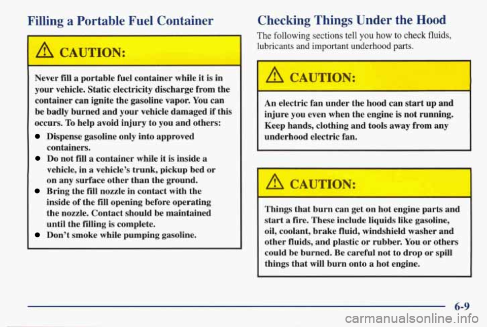 PONTIAC BONNEVILLE 1998 Owners Manual Filling a Portable Fuel Container
I
1 A CAUTION: I
Never fill a portable fuel container while it is in
your vehicle. Static electricity discharge from the
container can ignite the gas PONTIAC BONNEVILLE 1998 Owners Manual Filling a Portable Fuel Container
I
1 A CAUTION: I
Never fill a portable fuel container while it is in
your vehicle. Static electricity discharge from the
container can ignite the gas