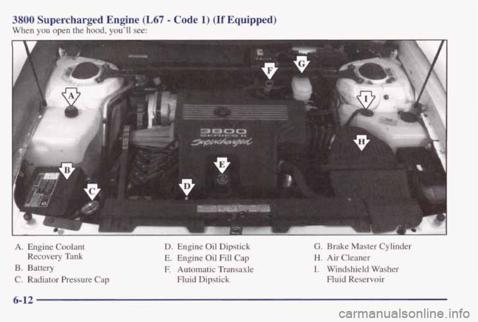 PONTIAC BONNEVILLE 1998  Owners Manual 3800 Supercharged  Engine (L67 - Code 1) (If Equipped) 
When you open the hood, you’ll see: 
A. Engine Coolant 
Recovery  Tank 
B.  Battery 
C.  Radiator Pressure  Cap D. Engine Oil Dipstick G. Brak