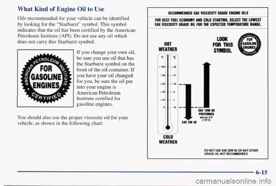PONTIAC BONNEVILLE 1998  Owners Manual What Kind of Engine  Oil to Use 
Oils  recommended  for  your  vehicle  can  be  identified 
by  looking  for  the  "Starburst"  symbol.  This  symbol 
indicates  that  the  oil has  been  certified  