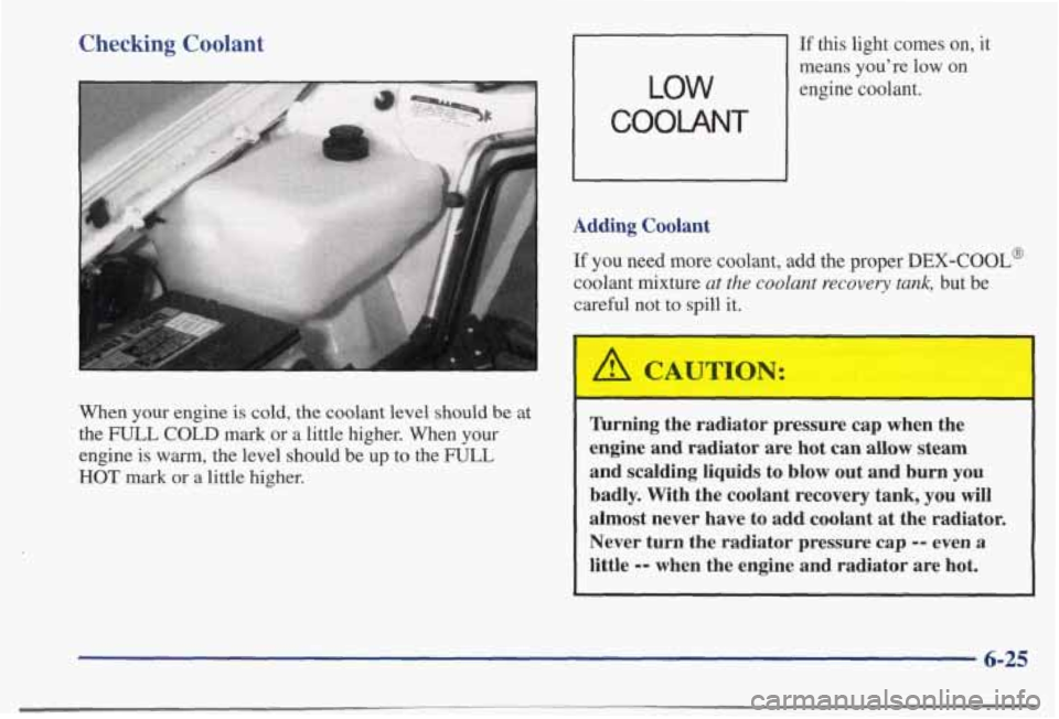 PONTIAC BONNEVILLE 1998 Owners Manual Checking Coolant
When your engine is cold, the coolant level should be at
the
FULL COLD mark or a little higher. When your
engine is
warm, the level should be up to the FULL
HO PONTIAC BONNEVILLE 1998 Owners Manual Checking Coolant
When your engine is cold, the coolant level should be at
the
FULL COLD mark or a little higher. When your
engine is
warm, the level should be up to the FULL
HO