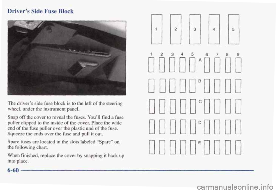 PONTIAC BONNEVILLE 1998  Owners Manual Driver’s Side Fuse Block 
The  driver’s  side fuse block is to the  left of the  steering 
wheel,  under  the  instrument  panel. 
Snap 
off the  cover  to  reveal  the  fuses.  You’ll  find a f