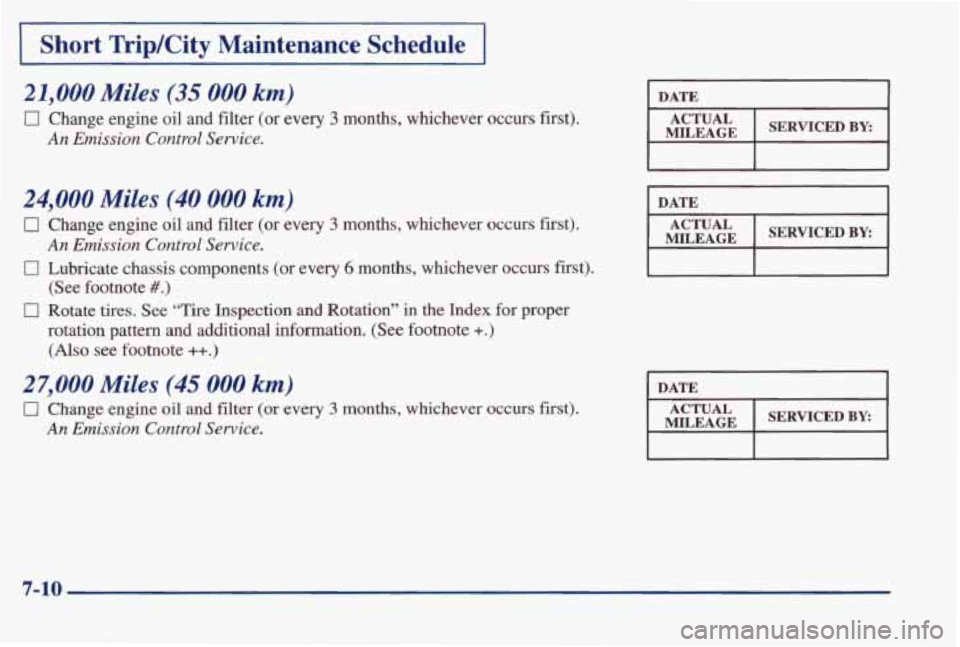 PONTIAC BONNEVILLE 1998 Owners Manual I Short TripKity Maintenance Schedule I
21,000 Miles (35 000 km)
0 Change engine oil and filter (or every 3 months, whichever occurs first).
An Emission Control Service.
DATE I
MILEAG PONTIAC BONNEVILLE 1998 Owners Manual I Short TripKity Maintenance Schedule I
21,000 Miles (35 000 km)
0 Change engine oil and filter (or every 3 months, whichever occurs first).
An Emission Control Service.
DATE I
MILEAG