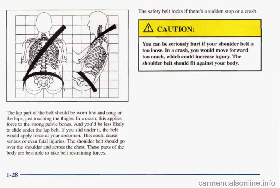 PONTIAC BONNEVILLE 1998 Owners Guide The lap part of the  belt  should be worn low and snug  on 
the hips, just touching  the thighs. In a crash, this applies 
force  to  the  strong  pelvic  bones. And you’d be less  likely 
to slide 