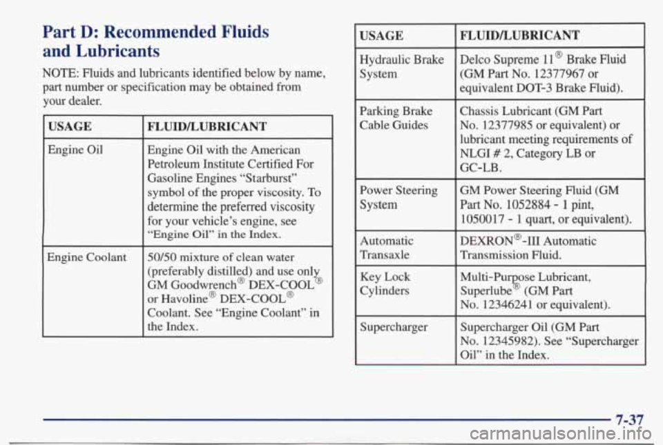 PONTIAC BONNEVILLE 1998 Owners Manual Part D: Recommended Fluids
and Lubricants
NOTE: Fluids and lubricants identified below by name,
part number or specification may be obtained from
your dealer.
USAGE
Engine Oil
Eng PONTIAC BONNEVILLE 1998 Owners Manual Part D: Recommended Fluids
and Lubricants
NOTE: Fluids and lubricants identified below by name,
part number or specification may be obtained from
your dealer.
USAGE
Engine Oil
Eng