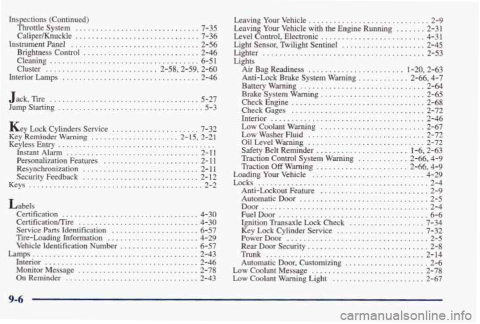 PONTIAC BONNEVILLE 1998  Owners Manual Inspections  (Continued) Throttle  System 
.............................. 7-35 
CaliperKnuckle 
.............................. 7-36 
Instrument Panel ............................... 2-56 
Brightness  