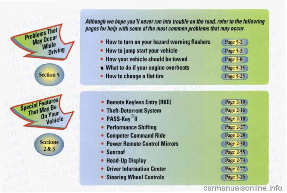 PONTIAC BONNEVILLE 1998  Owners Manual q%$ ;, 
Although- we hope  youll  never run into trod F on the road,  refer to  the  following 
pages 
for help  with some  ofthe  most  common  problems  that may occur, 
luvv to turn on your hazard