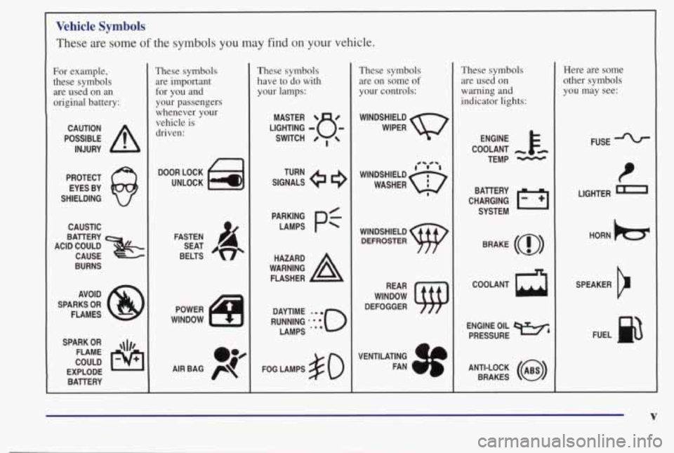PONTIAC BONNEVILLE 1998  Owners Manual Vehicle  Symbols 
These  are some of the  symbols you may find on your vehicle. 
For  example, 
these  symbols are  used  on  an 
original  battery: 
POSSIBLE A 
CAUTION 
INJURY 
PROTECT  EYES  BY 
SH