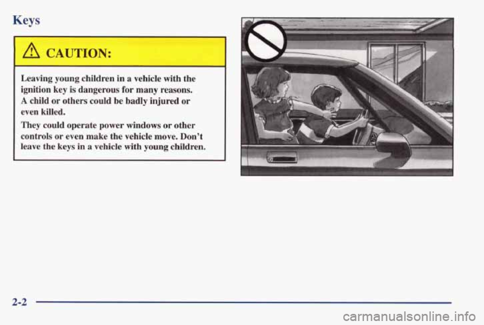 PONTIAC BONNEVILLE 1998 Workshop Manual Keys 
 A CAUTION: 
Leaving  young  children in a  vehicle  with  the 
ignition  key 
is dangerous  for many reasons. 
A child  or  others  could  be  badly  injured  or 
even  killed. 
They  could  o