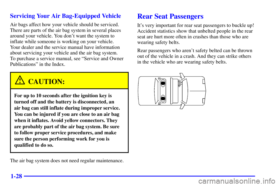 PONTIAC FIREBIRD 2002  Owners Manual 1-28 Servicing Your Air Bag-Equipped Vehicle
Air bags affect how your vehicle should be serviced.
There are parts of the air bag system in several places
around your vehicle. You dont want the system