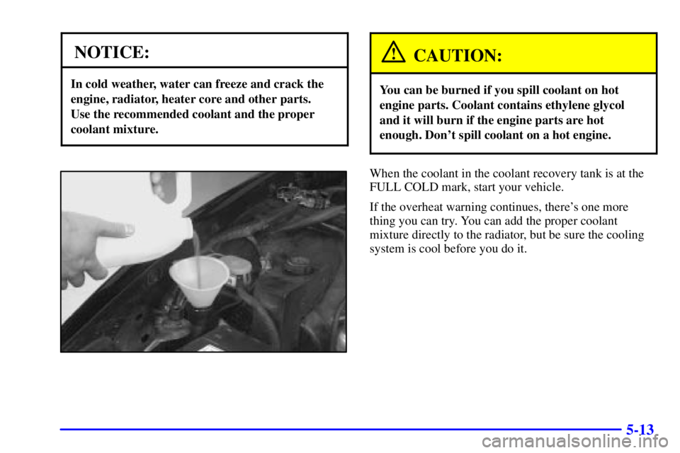 PONTIAC FIREBIRD 2001 User Guide 5-13
NOTICE:
In cold weather, water can freeze and crack the
engine, radiator, heater core and other parts. 
Use the recommended coolant and the proper
coolant mixture.
CAUTION:
You can be burned if y