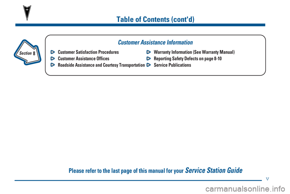 PONTIAC FIREBIRD 2000  Owners Manual Table of Contents (contd)
Customer Assistance Information
In the Index you will find an alphabetical listing of almost every subject in this manual. 
 You can use it to quickly find something you wan