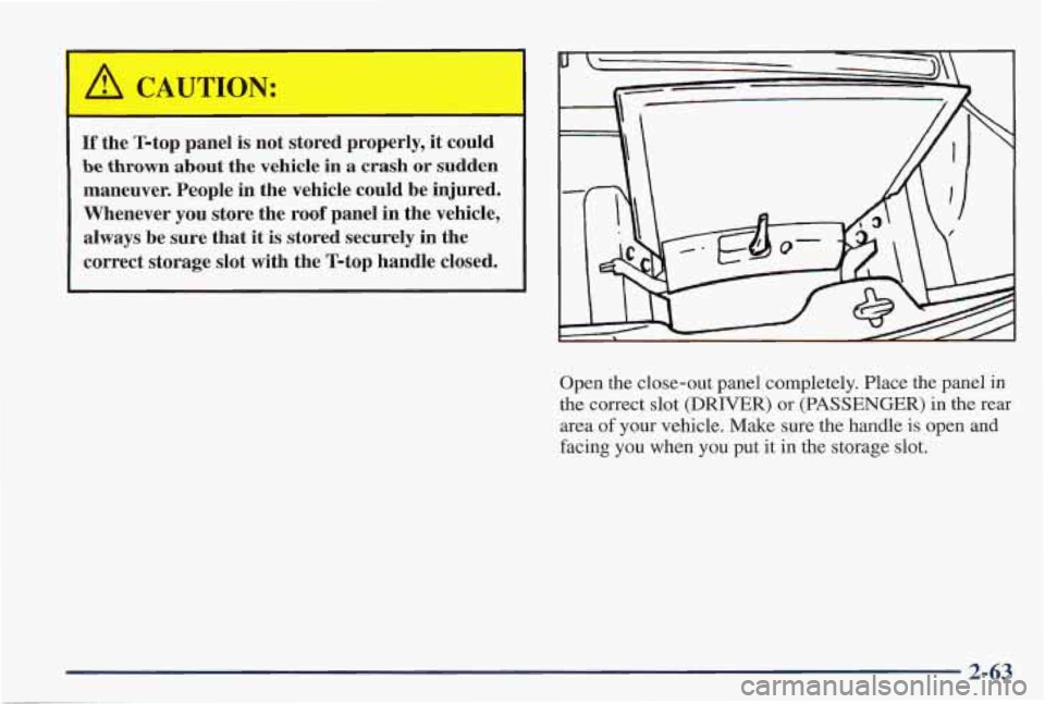 PONTIAC FIREBIRD 1997 User Guide If the T-top panel is not stored properly, it could
be thrown about the vehicle in a crash or sudden
maneuver. People in the vehicle could be injured.
Whenever
you store the r PONTIAC FIREBIRD 1997 User Guide If the T-top panel is not stored properly, it could
be thrown about the vehicle in a crash or sudden
maneuver. People in the vehicle could be injured.
Whenever
you store the r