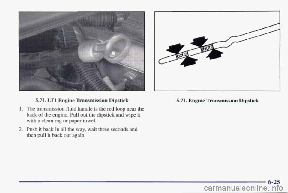 PONTIAC FIREBIRD 1997 Owners Manual 5.7L LTl Engine Transmission Dipstick
I
5.7L Engine Transmission Dipstick
1. The transmission fluid handle is the red loop near the
back
of the engine. Pull out the dipstick and wipe i PONTIAC FIREBIRD 1997 Owners Manual 5.7L LTl Engine Transmission Dipstick
I
5.7L Engine Transmission Dipstick
1. The transmission fluid handle is the red loop near the
back
of the engine. Pull out the dipstick and wipe i