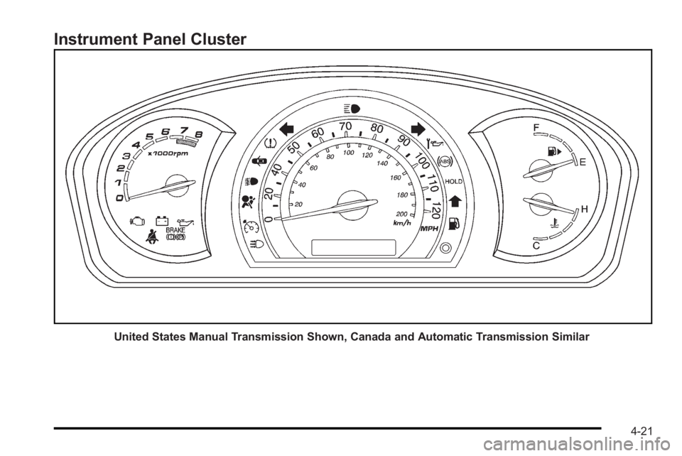 PONTIAC G3 2010 Owners Manual Instrument Panel Cluster
United States Manual Transmission Shown, Canada and Automatic Transmission Similar
4-21 PONTIAC G3 2010 Owners Manual Instrument Panel Cluster
United States Manual Transmission Shown, Canada and Automatic Transmission Similar
4-21