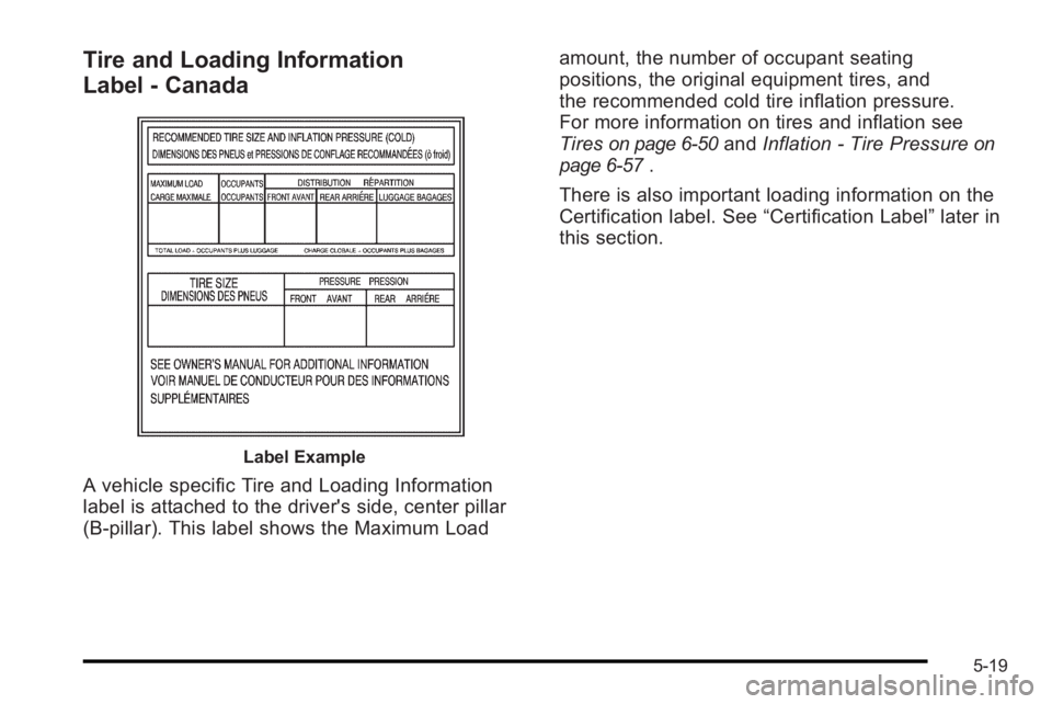 PONTIAC G3 2010  Owners Manual Tire and Loading Information
Label‐Canada
Label Example
A vehicle specific Tire and Loading Information
label is attached to the driver's side, center pillar
(B‐pillar). This label shows the M
