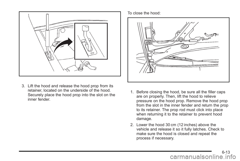 PONTIAC G3 2010  Owners Manual 3. Lift the hood and release the hood prop from itsretainer, located on the underside of the hood.
Securely place the hood prop into the slot on the
inner fender. To close the hood:
1. Before closing 