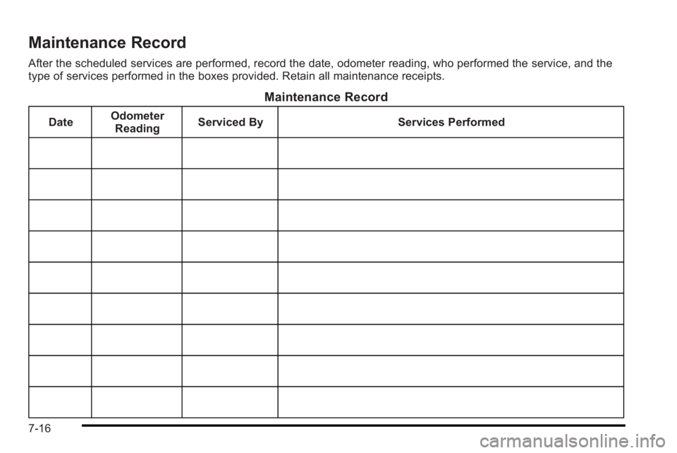 PONTIAC G3 2010  Owners Manual Maintenance Record
After the scheduled services are performed, record the date, odometer reading, who performed the service, and the
type of services performed in the boxes provided. Retain all mainte