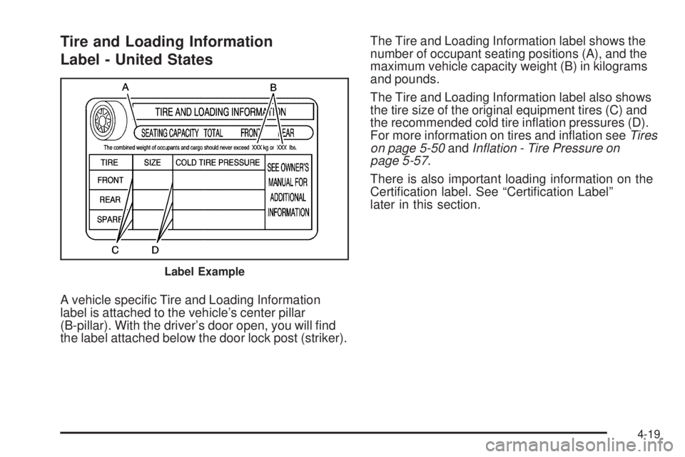 PONTIAC G3 2009  Owners Manual Tire and Loading Information
Label - United States
A vehicle speci�c Tire and Loading Information
label is attached to the vehicle’s center pillar
(B-pillar). With the driver’s door open, you will