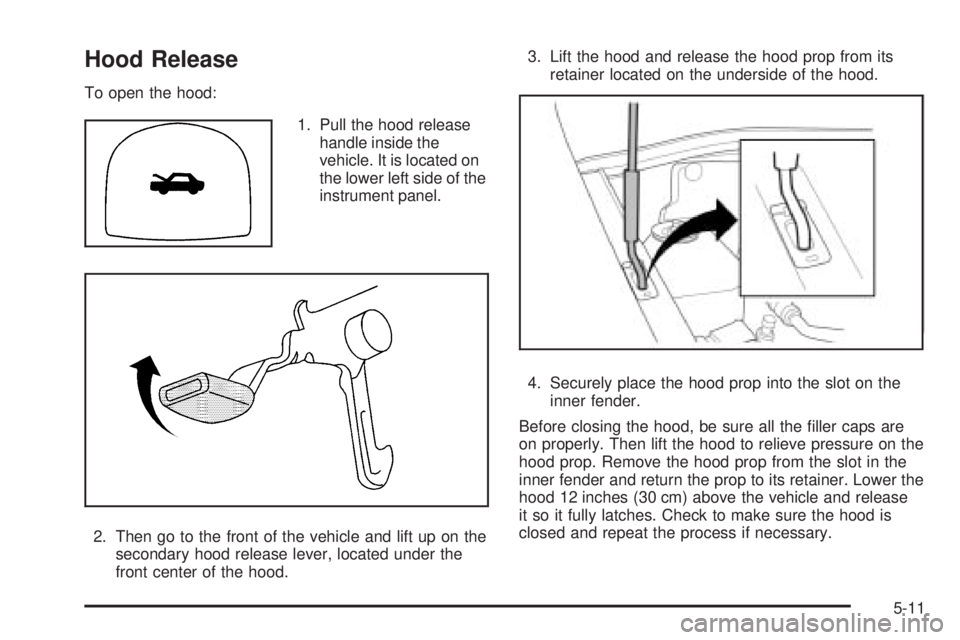 PONTIAC G3 2009  Owners Manual Hood Release
To open the hood:
1. Pull the hood release
handle inside the
vehicle. It is located on
the lower left side of the
instrument panel.
2. Then go to the front of the vehicle and lift up on t