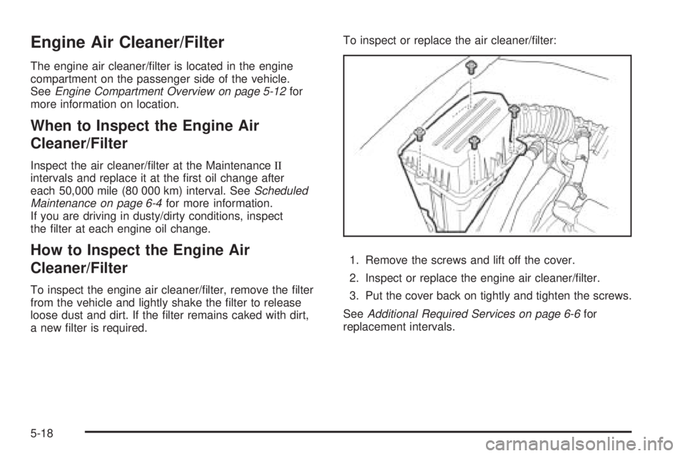 PONTIAC G3 2009  Owners Manual Engine Air Cleaner/Filter
The engine air cleaner/�lter is located in the engine
compartment on the passenger side of the vehicle.
SeeEngine Compartment Overview on page 5-12for
more information on loc