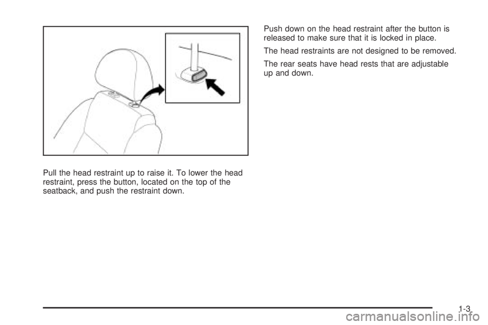 PONTIAC G3 2009 Owners Manual Pull the head restraint up to raise it. To lower the head
restraint, press the button, located on the top of the
seatback, and push the restraint down.Push down on the head restraint after the button PONTIAC G3 2009 Owners Manual Pull the head restraint up to raise it. To lower the head
restraint, press the button, located on the top of the
seatback, and push the restraint down.Push down on the head restraint after the button