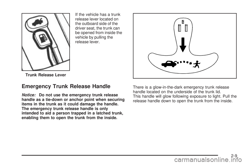 PONTIAC G3 2009 Manual Online If the vehicle has a trunk
release lever located on
the outboard side of the
driver seat, the trunk can
be opened from inside the
vehicle by pulling the
release lever.
Emergency Trunk Release Handle
N PONTIAC G3 2009 Manual Online If the vehicle has a trunk
release lever located on
the outboard side of the
driver seat, the trunk can
be opened from inside the
vehicle by pulling the
release lever.
Emergency Trunk Release Handle
N