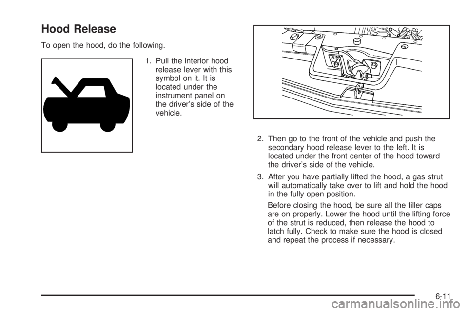 PONTIAC G5 2010 Owners Manual Hood Release
To open the hood, do the following.1. Pull the interior hoodrelease lever with this
symbol on it. It is
located under the
instrument panel on
the driver’s side of the
vehicle.
2. Then g PONTIAC G5 2010 Owners Manual Hood Release
To open the hood, do the following.1. Pull the interior hoodrelease lever with this
symbol on it. It is
located under the
instrument panel on
the driver’s side of the
vehicle.
2. Then g
