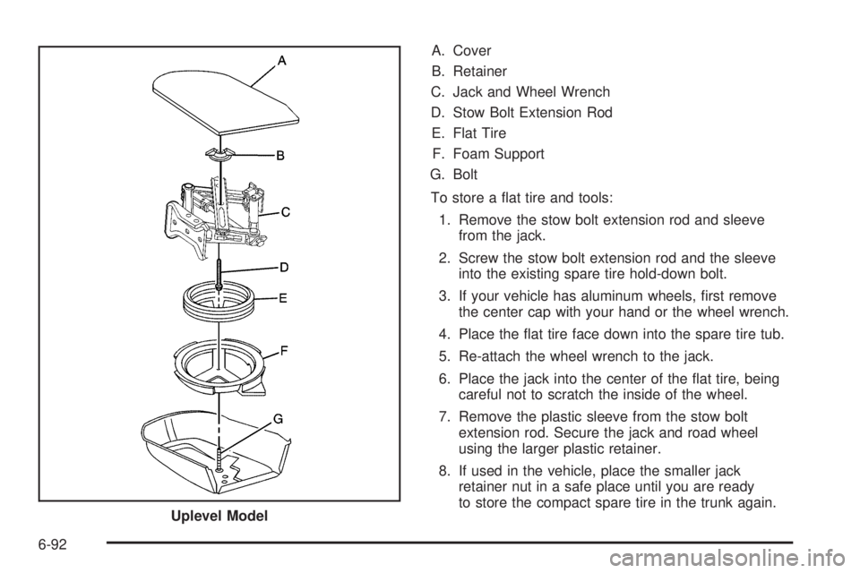 PONTIAC G5 2010  Owners Manual A. Cover
B. Retainer
C. Jack and Wheel Wrench
D. Stow Bolt Extension Rod E. Flat Tire F. Foam Support
G. Bolt
To store a ﬂat tire and tools: 1. Remove the stow bolt extension rod and sleeve from the