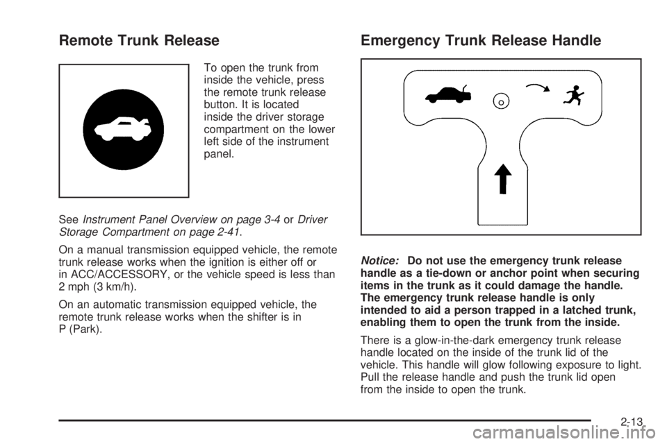 PONTIAC G5 2009 Manual Online Remote Trunk Release
To open the trunk from
inside the vehicle, press
the remote trunk release
button. It is located
inside the driver storage
compartment on the lower
left side of the instrument
pane PONTIAC G5 2009 Manual Online Remote Trunk Release
To open the trunk from
inside the vehicle, press
the remote trunk release
button. It is located
inside the driver storage
compartment on the lower
left side of the instrument
pane