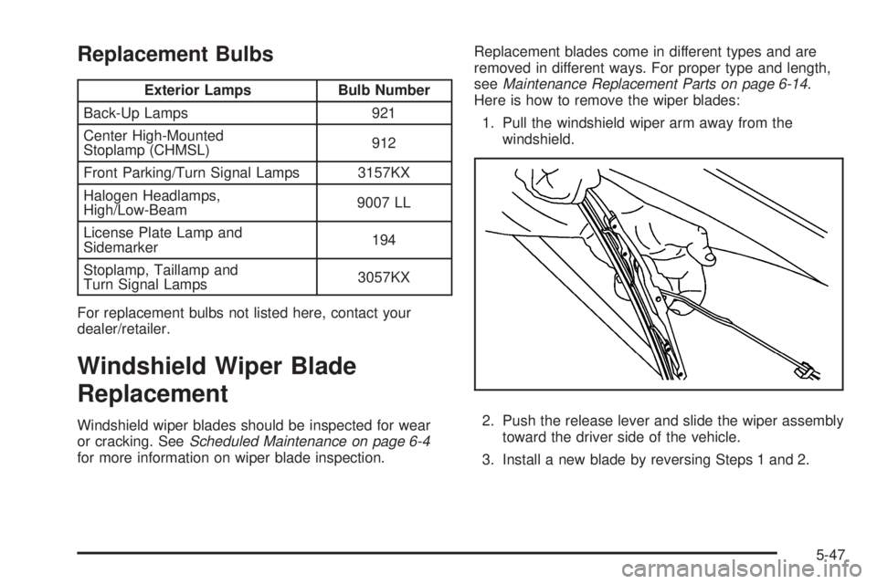 PONTIAC G5 2008 Owners Manual Replacement Bulbs
Exterior Lamps Bulb Number
Back-Up Lamps 921
Center High-Mounted
Stoplamp (CHMSL)912
Front Parking/Turn Signal Lamps 3157KX
Halogen Headlamps,
High/Low-Beam9007 LL
License Plate Lamp PONTIAC G5 2008 Owners Manual Replacement Bulbs
Exterior Lamps Bulb Number
Back-Up Lamps 921
Center High-Mounted
Stoplamp (CHMSL)912
Front Parking/Turn Signal Lamps 3157KX
Halogen Headlamps,
High/Low-Beam9007 LL
License Plate Lamp