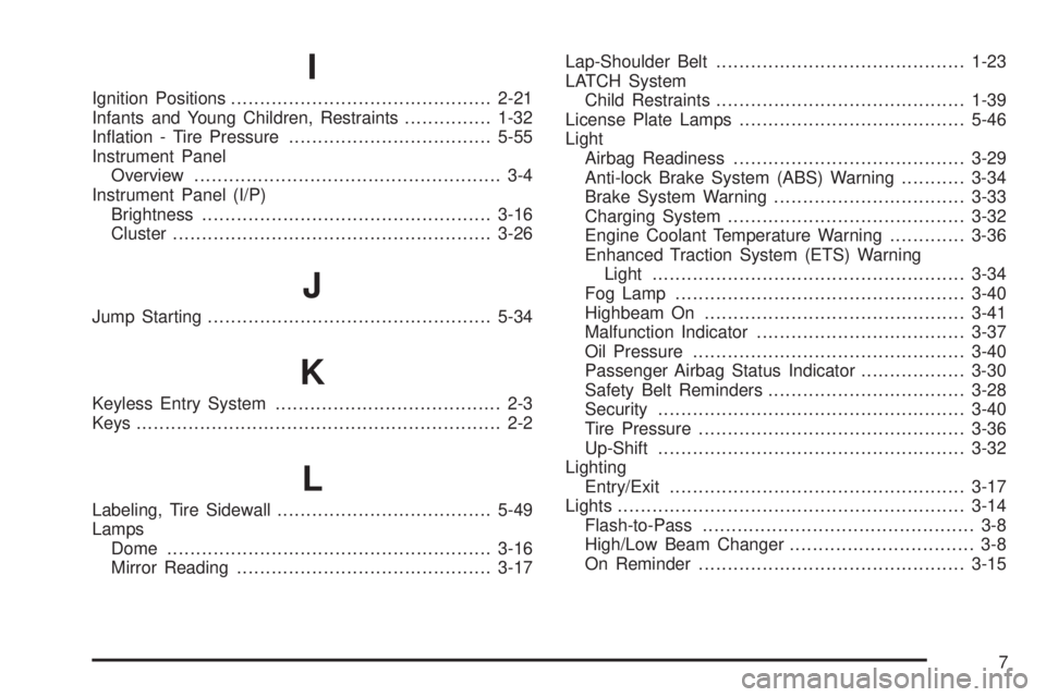 PONTIAC G5 2008  Owners Manual I
Ignition Positions.............................................2-21
Infants and Young Children, Restraints...............1-32
In�ation - Tire Pressure...................................5-55
Instrume