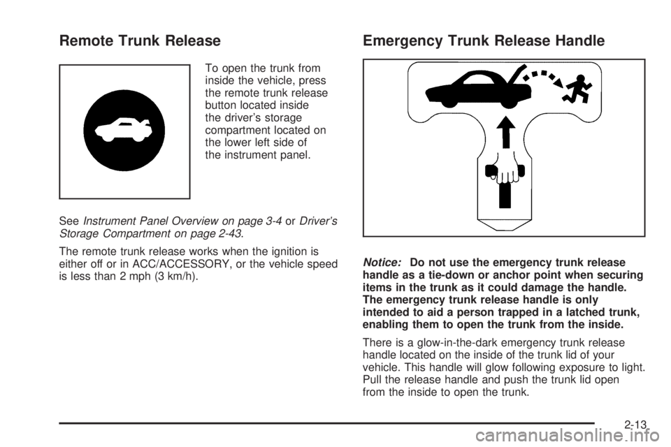 PONTIAC G5 2008  Owners Manual Remote Trunk Release
To open the trunk from
inside the vehicle, press
the remote trunk release
button located inside
the driver’s storage
compartment located on
the lower left side of
the instrument