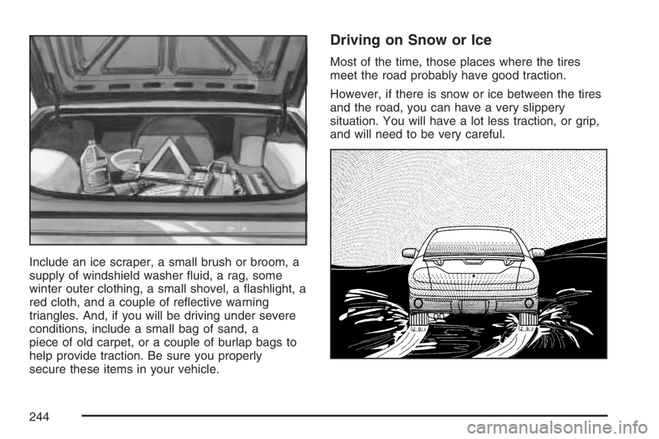 PONTIAC G5 2007  Owners Manual Include an ice scraper, a small brush or broom, a
supply of windshield washer �uid, a rag, some
winter outer clothing, a small shovel, a �ashlight, a
red cloth, and a couple of re�ective warning
trian