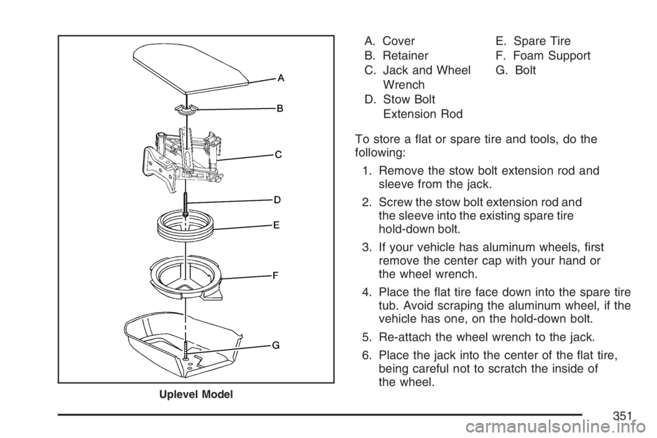 PONTIAC G5 2007  Owners Manual A. Cover
B. Retainer
C. Jack and Wheel
Wrench
D. Stow Bolt
Extension RodE. Spare Tire
F. Foam Support
G. Bolt
To store a �at or spare tire and tools, do the
following:
1. Remove the stow bolt extensio