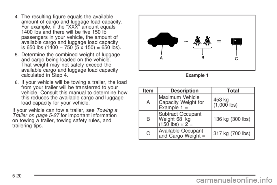 PONTIAC G6 2010 Owners Manual 4.The resulting figure equals the available
amount of cargo and luggage load capacity.
For example, if the “XXX” amount equals
1400 lbs and there will be five 150 lb
passengers in your vehicle, PONTIAC G6 2010 Owners Manual 4.The resulting figure equals the available
amount of cargo and luggage load capacity.
For example, if the “XXX” amount equals
1400 lbs and there will be five 150 lb
passengers in your vehicle,