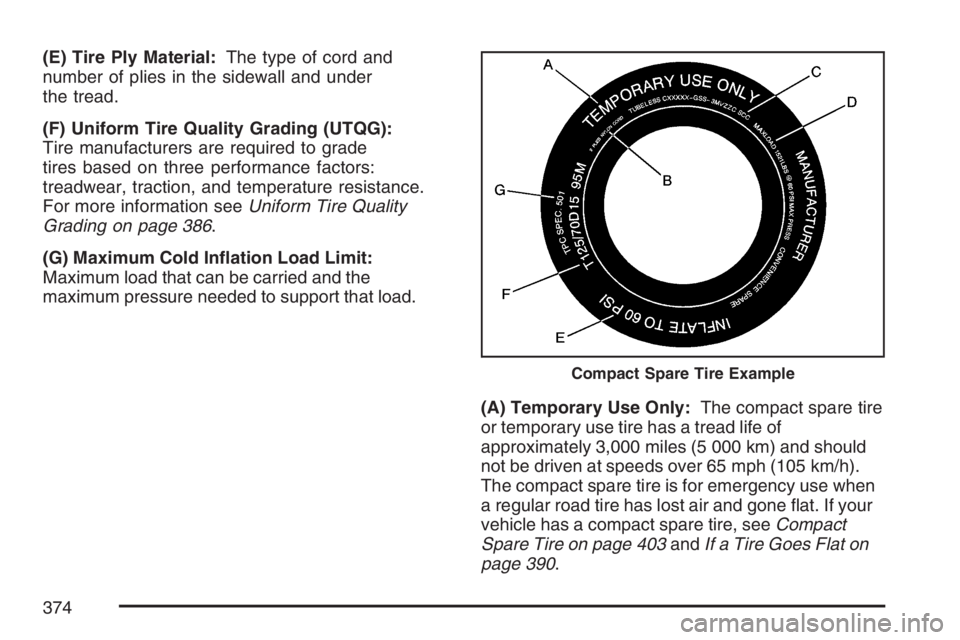 PONTIAC G6 2007  Owners Manual (E) Tire Ply Material:The type of cord and
number of plies in the sidewall and under
the tread.
(F) Uniform Tire Quality Grading (UTQG):
Tire manufacturers are required to grade
tires based on three p