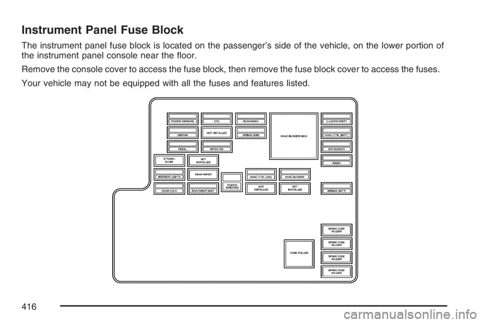 PONTIAC G6 2007  Owners Manual Instrument Panel Fuse Block
The instrument panel fuse block is located on the passenger’s side of the vehicle, on the lower portion of
the instrument panel console near the �oor.
Remove the console 